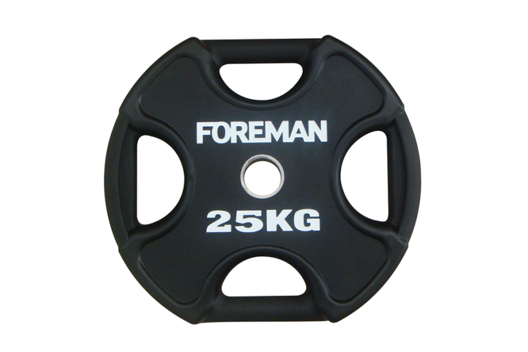 Олимпийский диск в уретане FOREMAN Plate X-Training 25 кг, четыре отверстия, серый чугун, черный 