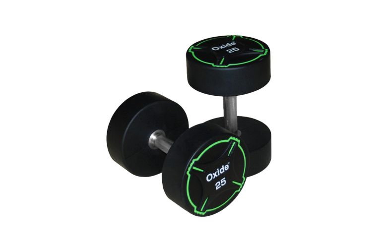 Гантель круглая, полиуретановая 5кг Oxide Fitness прямая хромированная ручка со сплошной накаткой ODB01 
