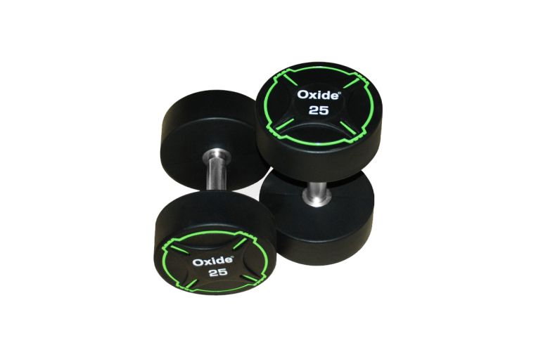 Гантель круглая, полиуретановая 5кг Oxide Fitness прямая хромированная ручка со сплошной накаткой ODB01 фото 7