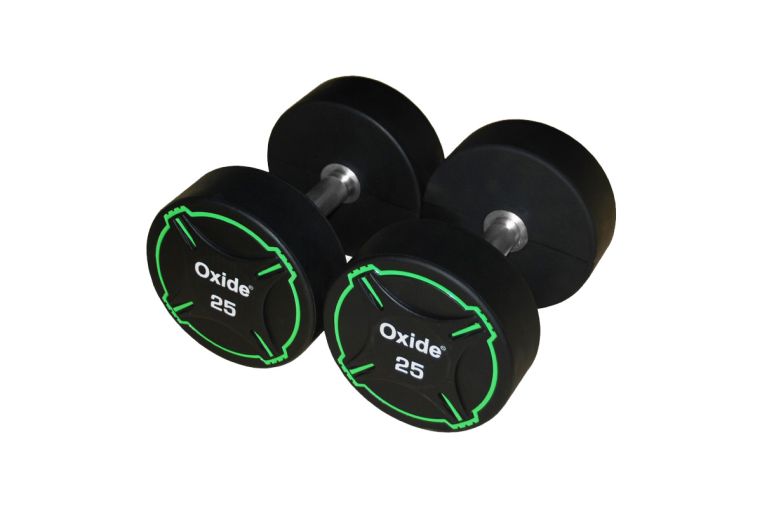 Гантель круглая, полиуретановая 25кг Oxide Fitness прямая хромированная ручка со сплошной накаткой ODB01 фото 6