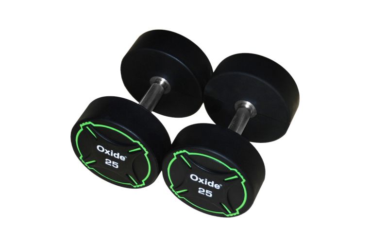 Гантель круглая, полиуретановая 25кг Oxide Fitness прямая хромированная ручка со сплошной накаткой ODB01 фото 8