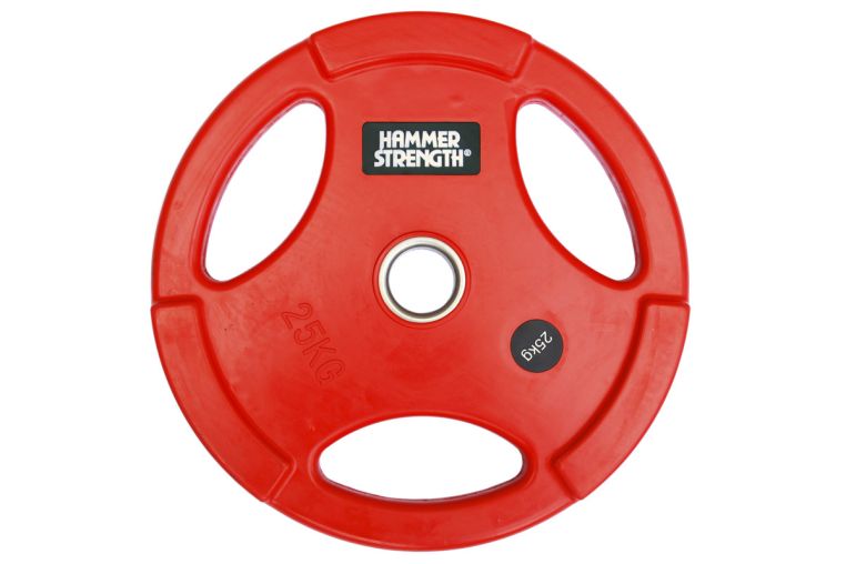 Диск олимпийский, цветной, обрезиненный, с 3-мя хватами, d51мм Hammer WP074, 25кг, красный 