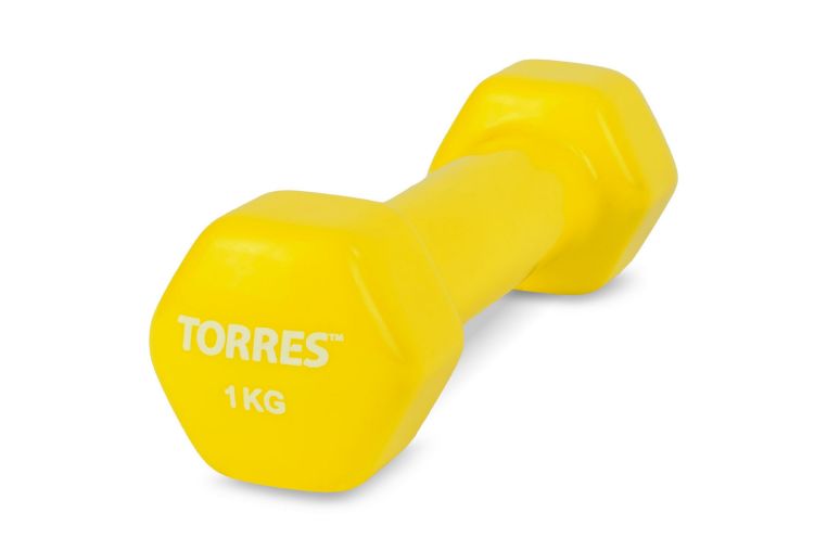 Гантель 1 кг Torres металл в виниловой оболочке, форма шестигранник PL522202 лимонный 